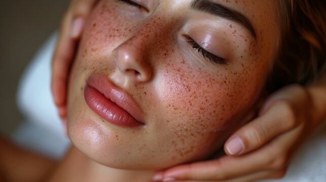 Close-up portrait of a young caucasian woman with freckles getting a facial massage at a spa