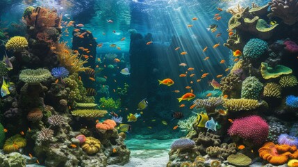 Underwater world full of life and color with many types of fish and coral