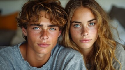 Portrait of a young man and woman with freckles and blue eyes