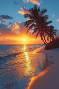 Beach sunset with palm trees