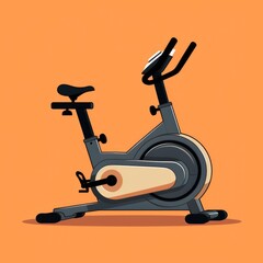  Flat image of exercise bike on orange background. Simple vector image of an exercise bike. Digital illustration.