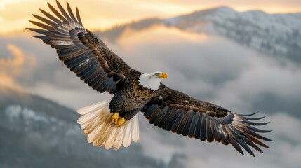 Obraz premium majestic bald eagle soars above the snowy mountains