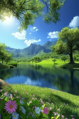 Tranquil mountain lake in a valley with green rolling hills and lush foliage
