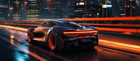 Futuristic modern high speed black sport car driving in city at night with neon light. AI generated