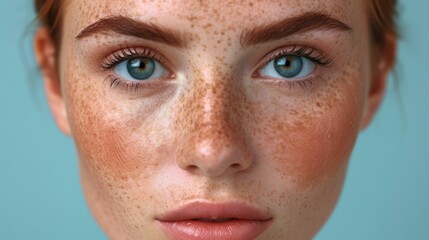 Close-up portrait of a young woman with freckles on her face