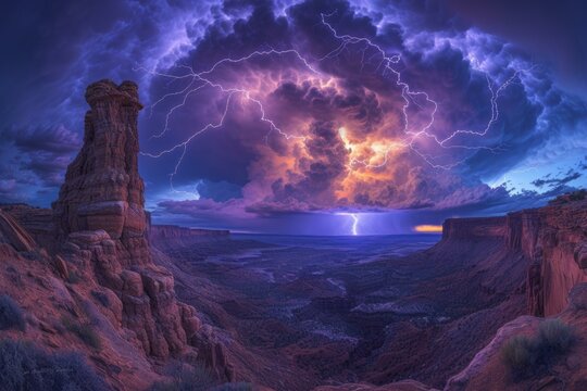 Huge bolts of lightning strike the desert landscape during a summer storm in Canyonlands National Park, Utah