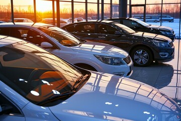 Car dealership with new cars inside showroom