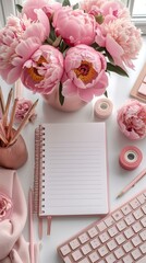 Pink flowers, notebook, keyboard and other office supplies on a pink background