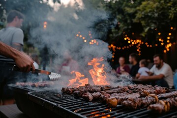 Friends and family gathered around a grill cooking food on skewers over an open flame with smoke rising in the background