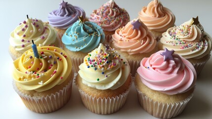 Various cupcakes with different colored frosting and sprinkles - obrazy, fototapety, plakaty