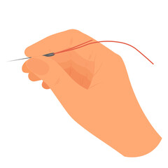 hand holds a sewing needle. Needlework, tailoring. Vector stock illustration. embroidery. Isolated on a white background.