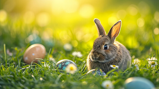 illustration of little bunny with colored easter eggs and blurred background with copyspace