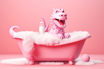 A pink laughing dragon is bathing in a pink bath with fluffy foam. Cute cartoon character sings and...