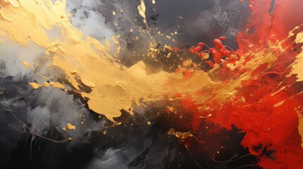 Abstract art with a dynamic clash of gold, black, and red textures