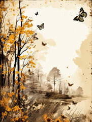 Grunge background with autumn landscape, trees, grass and butterflies.