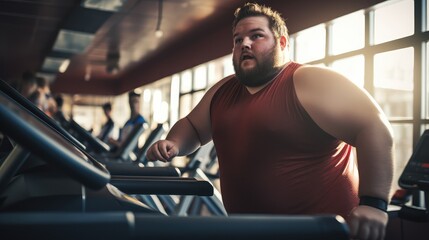 Motivated Plus Size Man Embracing Fitness, Running on a Treadmill in a Gym