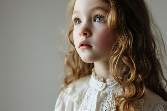 Innocent curiosity captured in a photo as a young cute girl model explores the white background, her captivating gaze and fashionable attire creating a charming image.