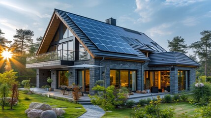 Modern English style house with solar panels on the roof - obrazy, fototapety, plakaty
