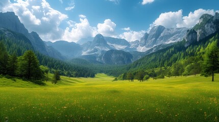 Beautiful photo with endless alpine green meadows and mountains in the background