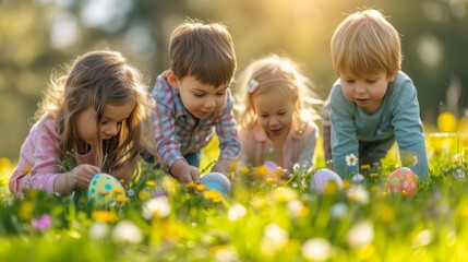 Cheerful children are looking for colorful Easter eggs in the bright green grass on a sunny day