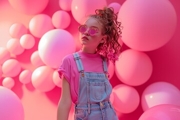 Obraz na płótnie Canvas Playful and trendy, a young girl model poses against a lively pink set, showcasing the latest fashion with a vibrant and energetic flair.