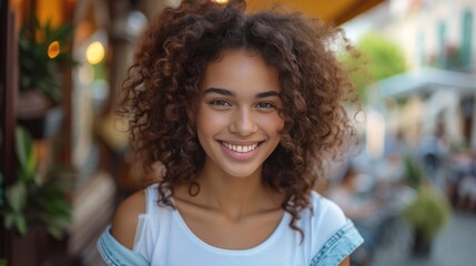 Obraz premium Beautiful curly girl in denim shorts and a white T-shirt smilingly looks at the camera against