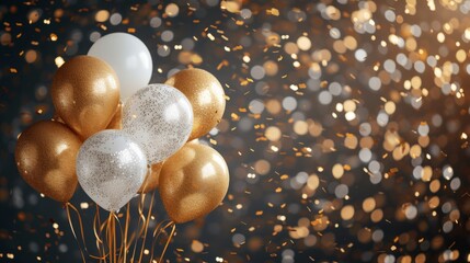 Festive background with glitter balloons, gold glitter confetti and plenty of space for text