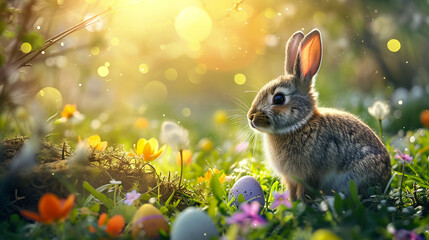 Fototapeta na wymiar illustration of little bunny with colored easter eggs, colorful flowers and blurred background with copyspace
