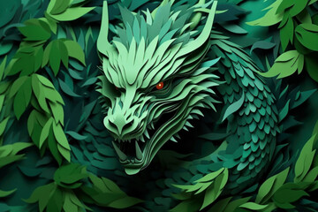 Layered style paper cut illustration of a green dragon. Symbol of the year 2024