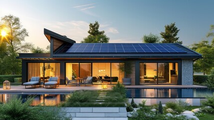 Modern English style house with solar panels on the roof - obrazy, fototapety, plakaty