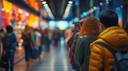 Blurred background of a crowd of people standing in line at a store