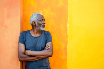 mature cuban men with grey hair and in casual outfit against blue and orange wall
