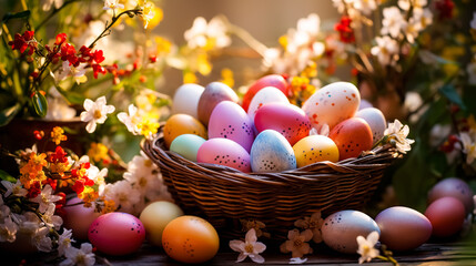 Fototapeta na wymiar Colorful easter eggs in a basket with spring blossom background. Greeting card on an Easter theme. Happy Easter concept.