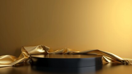 black podium on a gold minimalistic background. A golden satin ribbon lies nearby