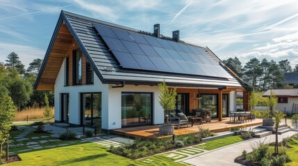 Obraz premium Modern English style house with solar panels on the roof