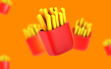 3D Rendering of French Fries in Red Packaging 