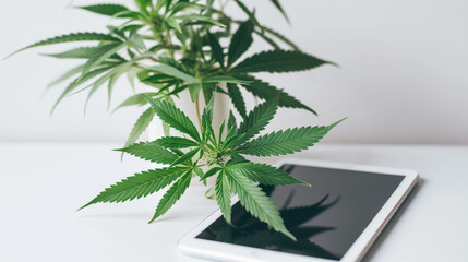 Cannabis leaves and digital tablet on white background with copy space