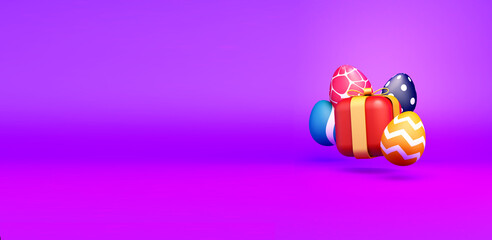 3D Illustration of Colorful Easter Eggs Floating on Purple Background