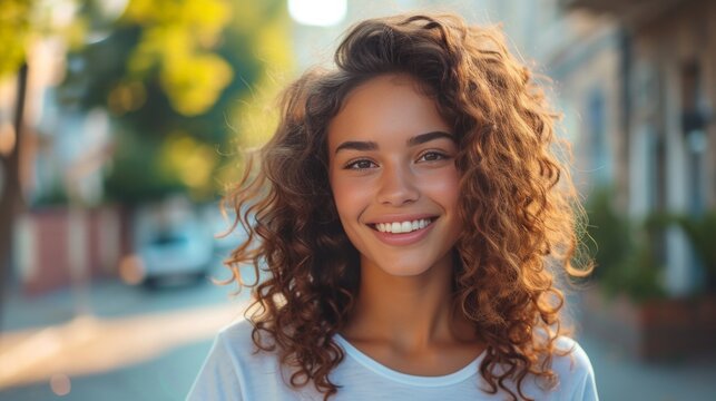 Beautiful curly girl in denim shorts and a white T-shirt smilingly looks at the camera against