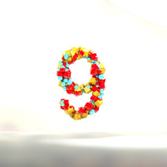 3D Rendering of Abstract Colorful Number Nine on White Background