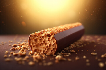 Extreme close-up of a chocolate porous stick on a dark brown table. Breaking sweetness and pieces...