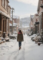 Girl Walking Snow Winter Town Village White Cold Jacket Calm Christmas Holiday December