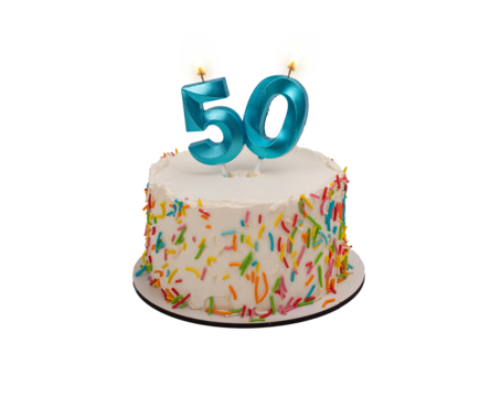 50 shaped candle light on happy birthday cake isolated on white background - Powered by Adobe