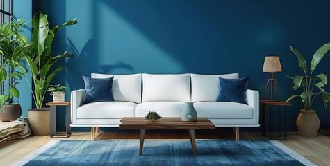 couch, blue wall and wood coffee table in living room 3d rendering