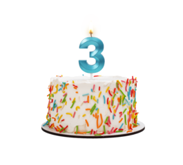3 shaped candle light on happy birthday cake isolated on white background, transparent png