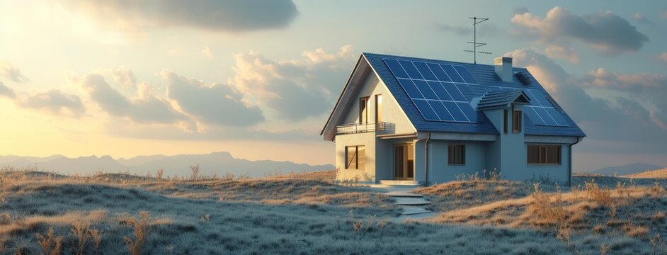 3D model miniature smart home with solar panels rooftop system for renewable energy. AI generated