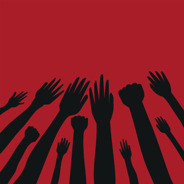 Fist protests hands, power and revolution fight, vector rebel victory symbol. Protesters raised hand fists background for manifestation, vote riot or freedom struggle, solidarity and social rights