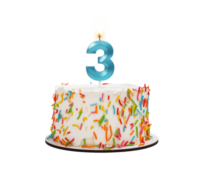 3 shaped candle light on happy birthday cake isolated on white background, transparent png