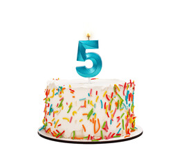 5 shaped candle light on happy birthday cake isolated on white background, transparent png
