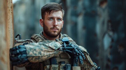 Fototapeta premium Young handsome military man with bionic prosthetic arm